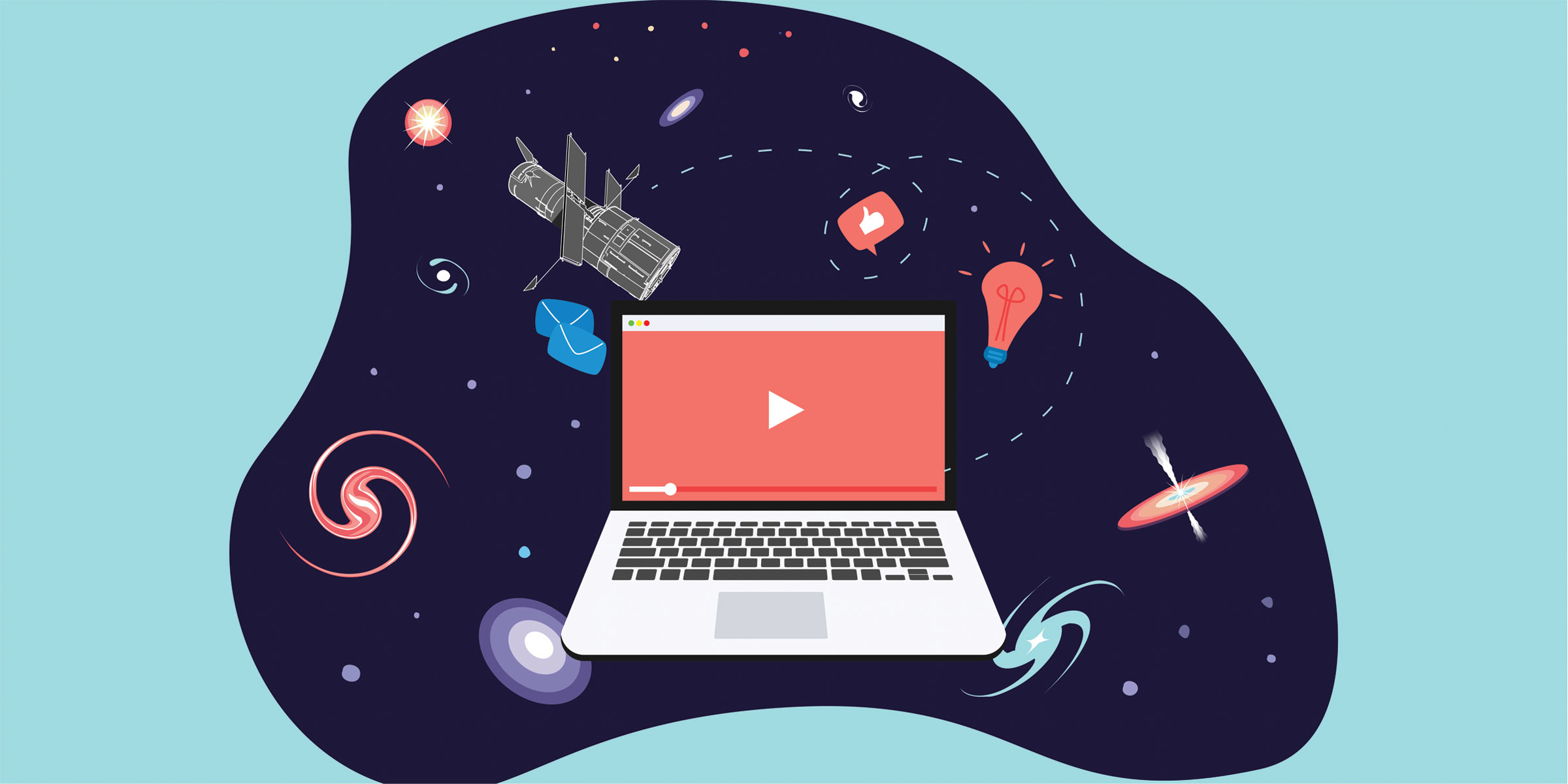 Illustration shows a laptop at the center with a prominent play button. Several icons float in space around it, including the Hubble Space Telescope, galaxies, and stars.