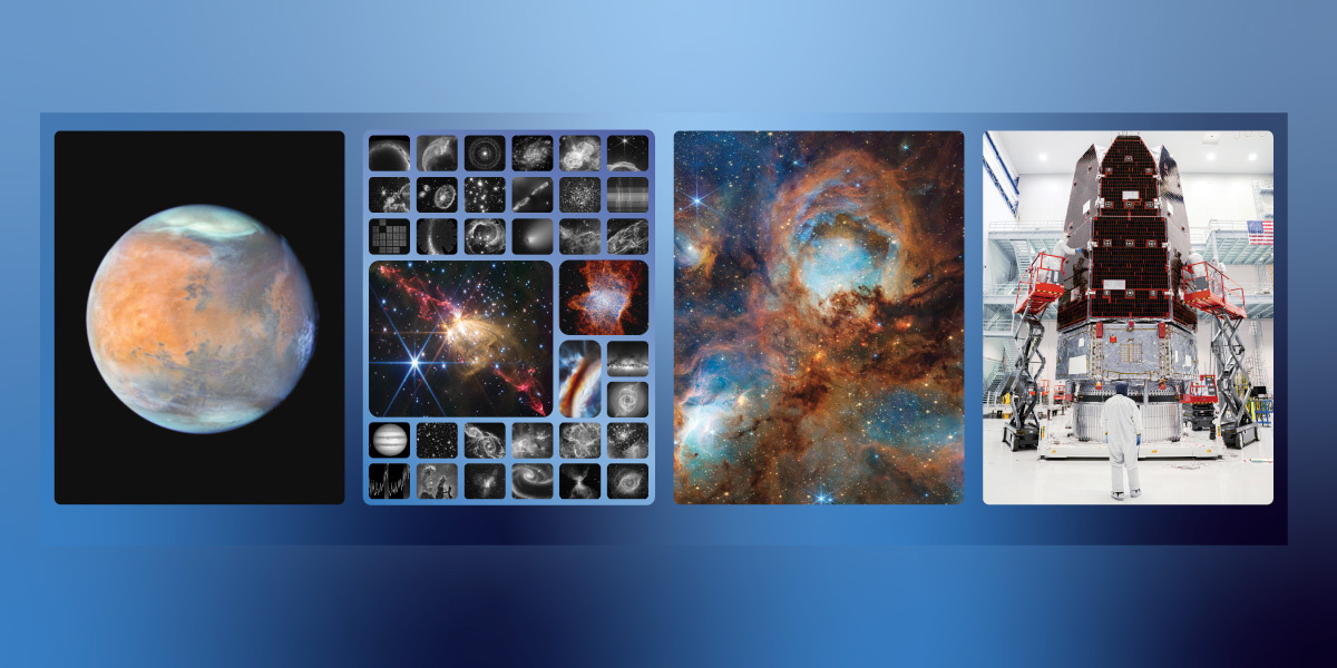 Four large images are placed side by side to make up a long horizontal. From left to right: The planet Mars imaged by the Hubble Space Telescope, many space- and ground-based images of space represent the Barbara A. Mikulski Archive for Space Telescopes, the Cat’s Paw Nebula imaged by the James Webb Space Telescope, and the Roman Space Telescope shown fully assembled in a clean room.