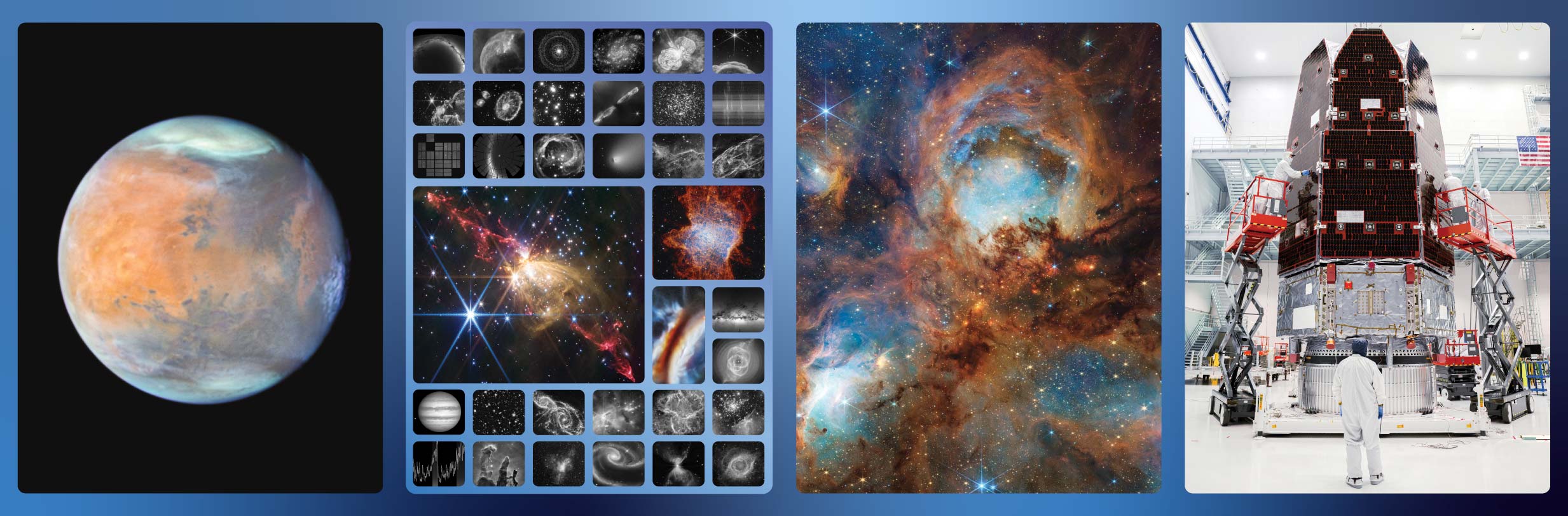 Four large images are placed side by side to make up a long horizontal. From left to right: The planet Mars imaged by the Hubble Space Telescope, many space- and ground-based images of space represent the Barbara A. Mikulski Archive for Space Telescopes, the Cat’s Paw Nebula imaged by the James Webb Space Telescope, and the Roman Space Telescope shown fully assembled in a clean room.